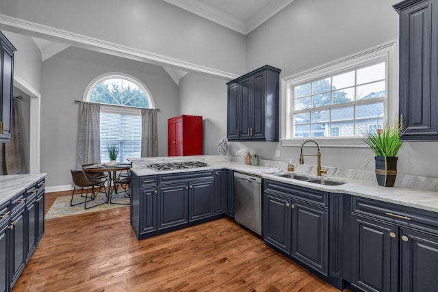 kitchen featuring dark hardwood / wood-style floors, sink, light stone counters, kitchen peninsula, and stainless steel appliances