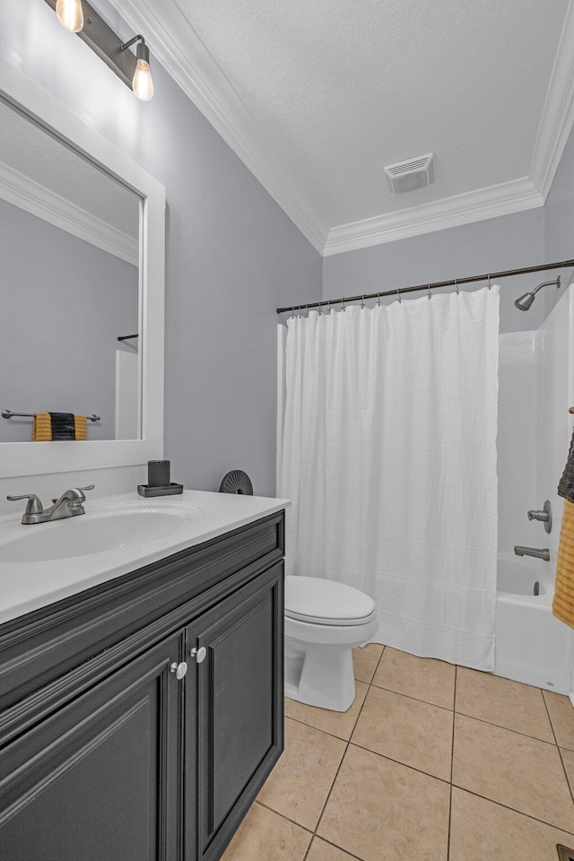 full bathroom with tile patterned flooring, ornamental molding, vanity, toilet, and shower / bathtub combination with curtain