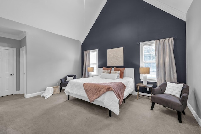 bedroom featuring light colored carpet, ornamental molding, high vaulted ceiling, and multiple windows