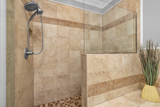 details with crown molding and tiled shower