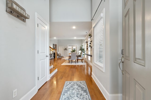 entryway with hardwood / wood-style flooring and a high ceiling