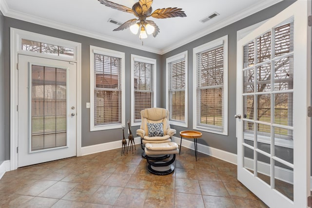 sunroom / solarium featuring ceiling fan and a healthy amount of sunlight