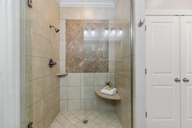 bathroom with crown molding and walk in shower