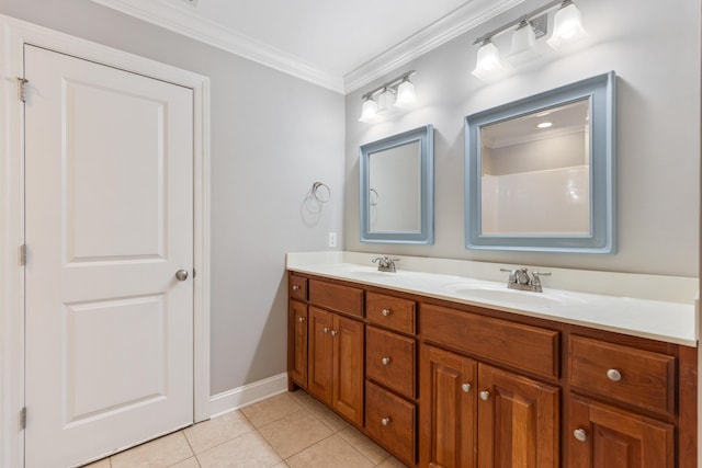 bathroom featuring tile patterned flooring, ornamental molding, and vanity