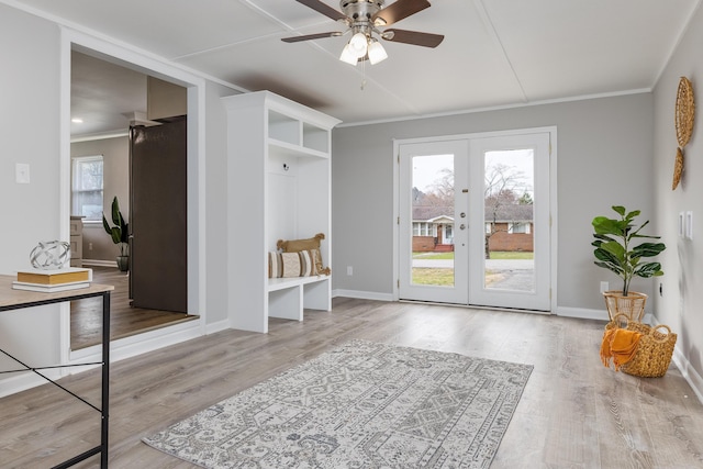 mudroom featuring ornamental molding, french doors, a ceiling fan, and wood finished floors