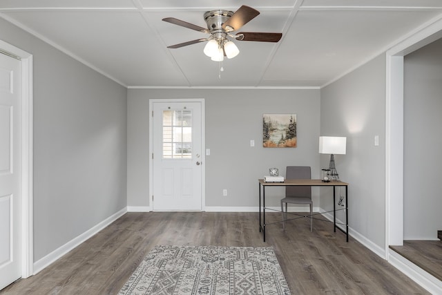 entrance foyer featuring baseboards, crown molding, ceiling fan, and wood finished floors