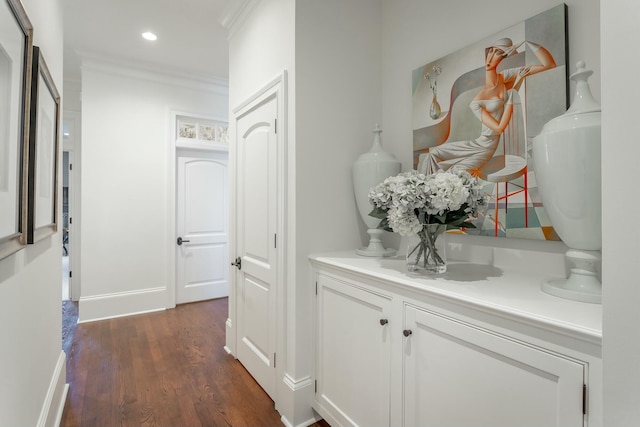 hallway featuring crown molding and dark wood-type flooring