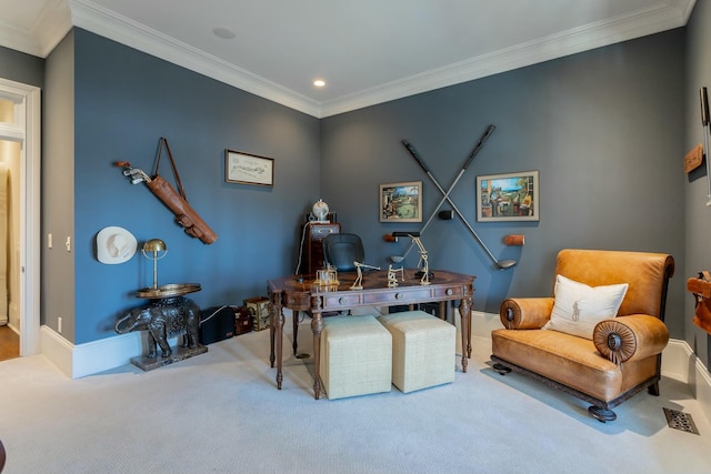 home office featuring ornamental molding and carpet flooring