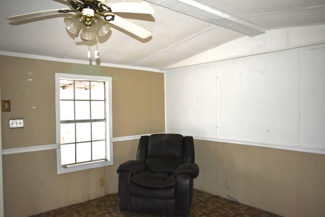 living area with vaulted ceiling with beams, dark parquet floors, and ceiling fan