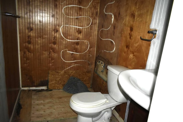 bathroom with wooden walls, toilet, and sink