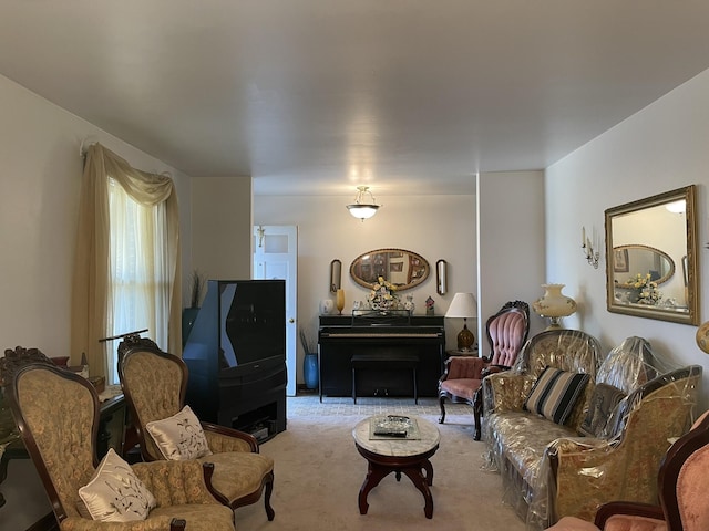 living room featuring light carpet