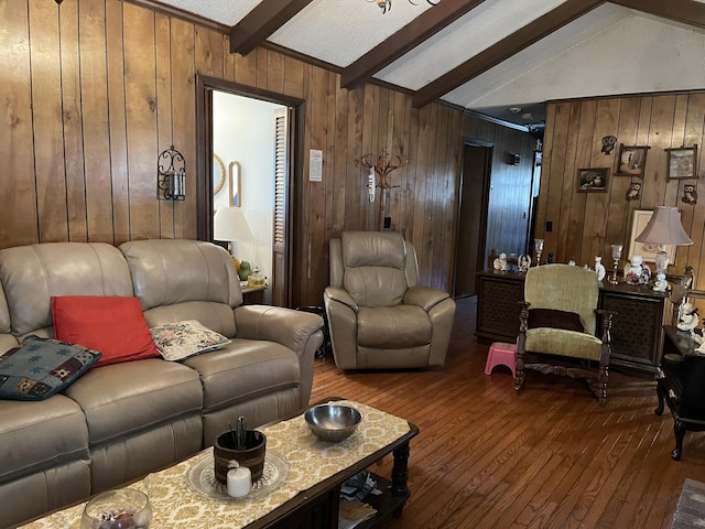 living room with vaulted ceiling with beams, hardwood / wood-style flooring, and wood walls