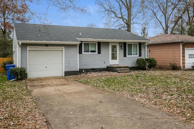 single story home featuring a garage and a front yard