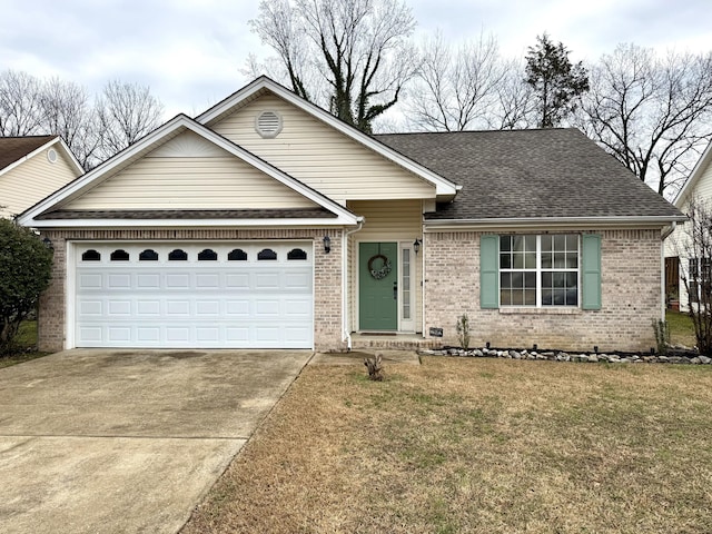 single story home with a garage and a front lawn