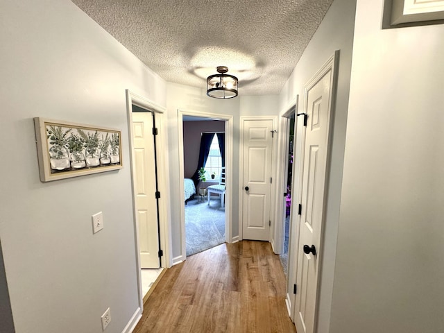 hall featuring hardwood / wood-style floors and a textured ceiling