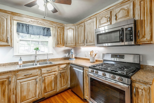 kitchen featuring ceiling fan, stainless steel appliances, sink, and light hardwood / wood-style flooring