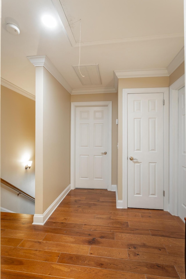 hall featuring crown molding and hardwood / wood-style floors