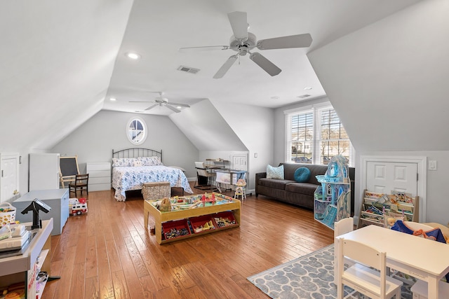 bedroom featuring vaulted ceiling, ceiling fan, and light hardwood / wood-style floors