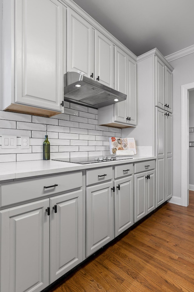 kitchen with decorative backsplash, ventilation hood, ornamental molding, and white cabinets