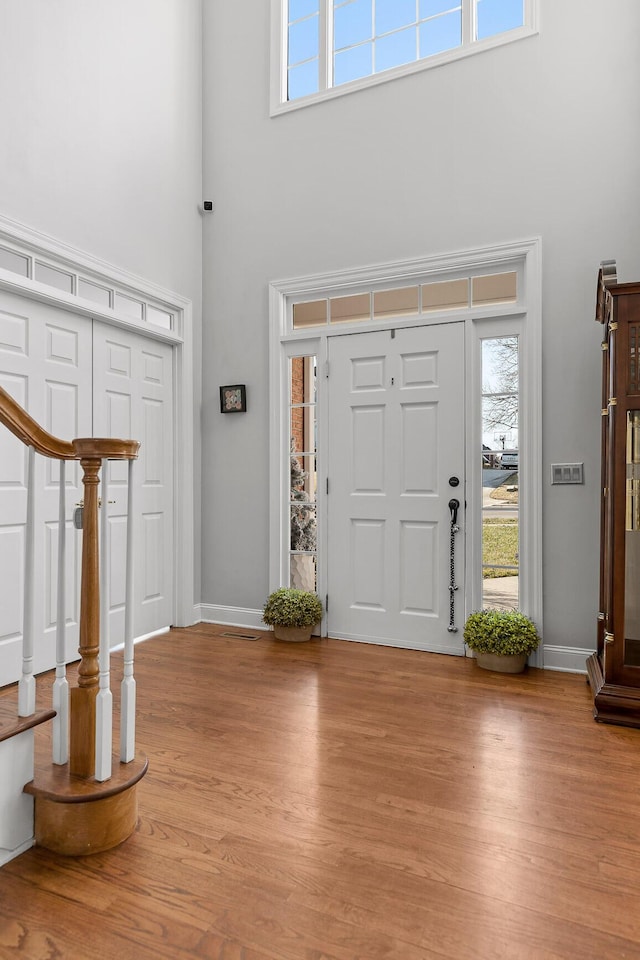 foyer featuring light hardwood / wood-style floors, a high ceiling, and a wealth of natural light