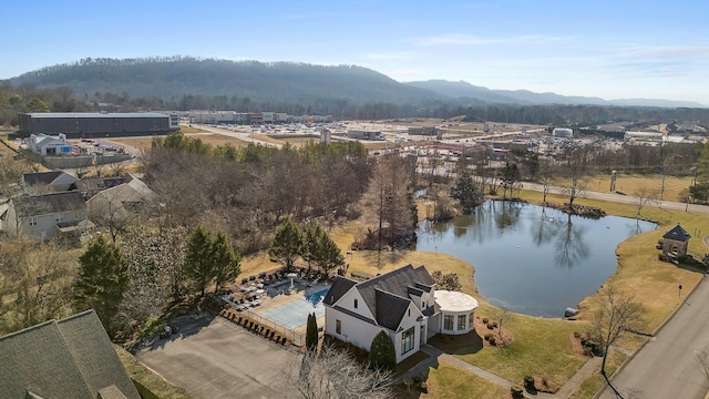 bird's eye view featuring a water and mountain view