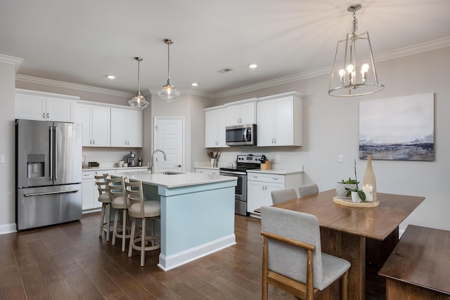 kitchen featuring appliances with stainless steel finishes, a kitchen island with sink, white cabinets, and decorative light fixtures