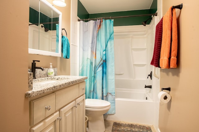 full bathroom featuring shower / bathtub combination with curtain, vanity, and toilet