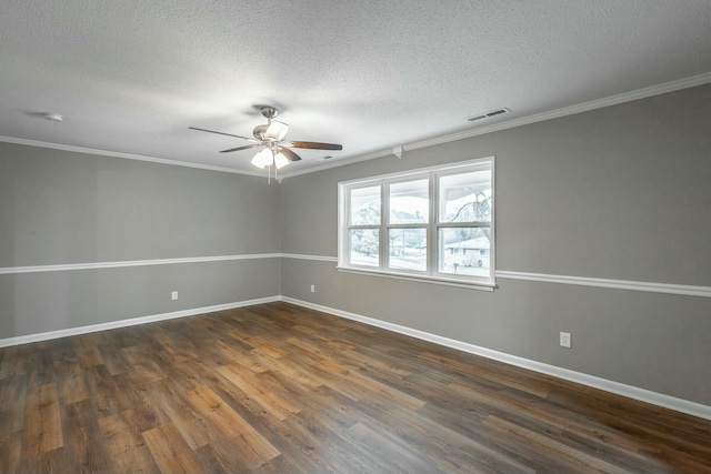 unfurnished room with ceiling fan, ornamental molding, and dark hardwood / wood-style floors