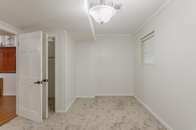 bonus room with light carpet and a textured ceiling