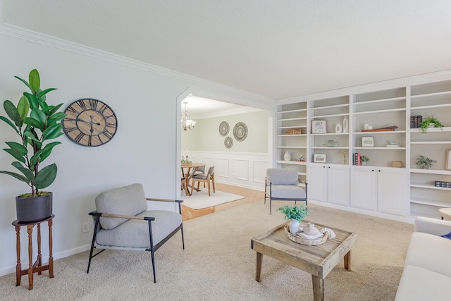 living room with crown molding, an inviting chandelier, light carpet, and a textured ceiling