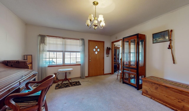 carpeted office featuring a chandelier