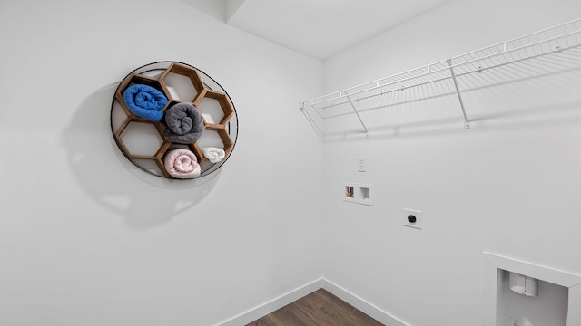 clothes washing area with wood-type flooring, electric dryer hookup, and washer hookup