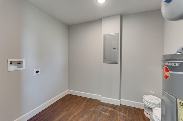 washroom featuring water heater, electric panel, hookup for a washing machine, dark wood-type flooring, and hookup for an electric dryer