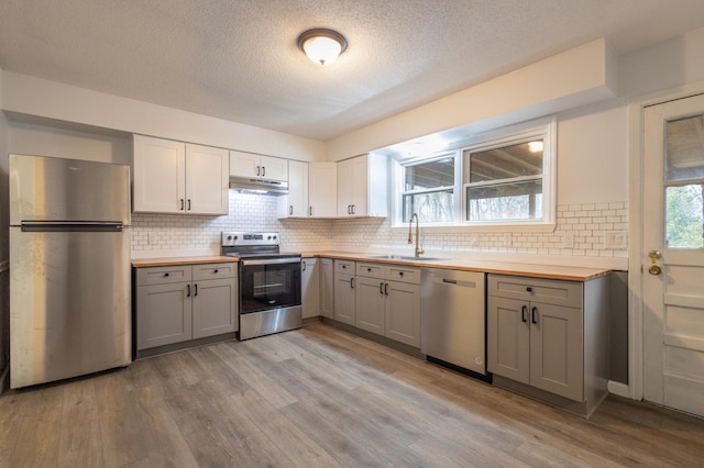 kitchen featuring sink, wooden counters, appliances with stainless steel finishes, gray cabinets, and light hardwood / wood-style floors