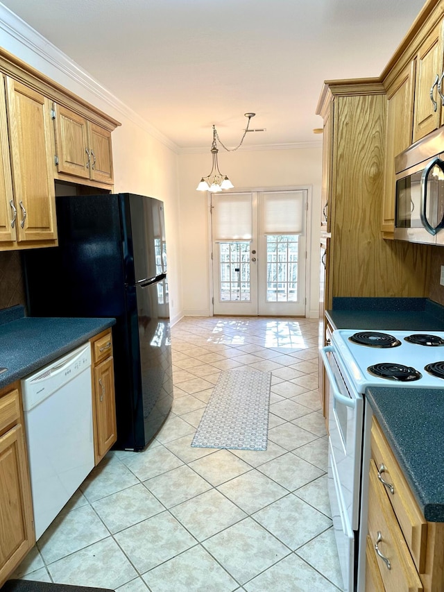 kitchen featuring light tile patterned floors, white appliances, ornamental molding, and french doors