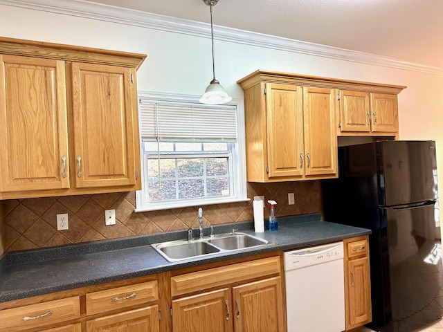 kitchen with sink, backsplash, white dishwasher, ornamental molding, and black fridge