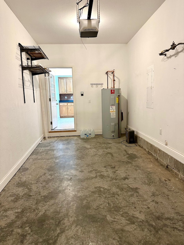 garage with water heater, a garage door opener, and electric panel