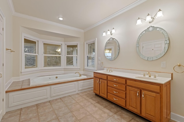 bathroom with crown molding, tile patterned floors, vanity, and a tub