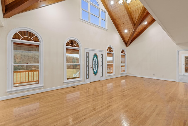 unfurnished living room featuring wood ceiling, light hardwood / wood-style flooring, high vaulted ceiling, and beamed ceiling