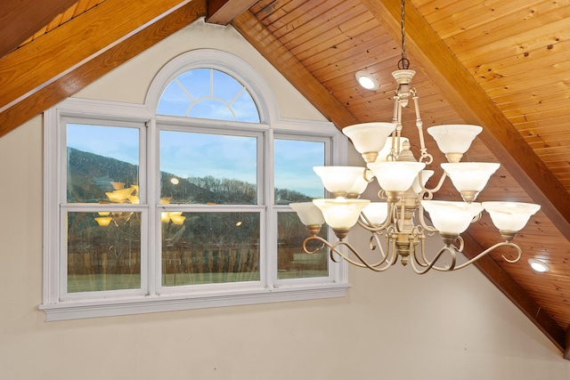 interior details featuring beamed ceiling, wooden ceiling, and a chandelier