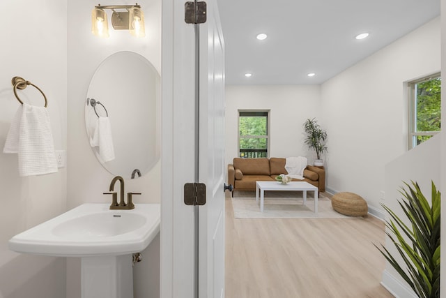 bathroom featuring hardwood / wood-style floors, plenty of natural light, and sink