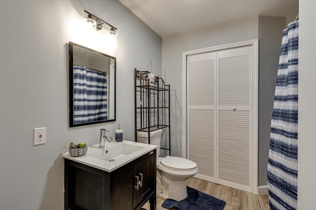 bathroom featuring vanity, toilet, a shower with shower curtain, and wood-type flooring