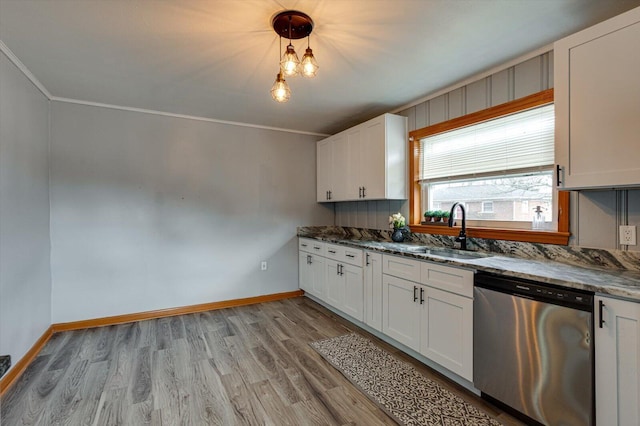 kitchen with white cabinetry, dishwasher, sink, and light wood-type flooring