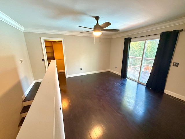 unfurnished room featuring dark wood-type flooring, ceiling fan, and ornamental molding