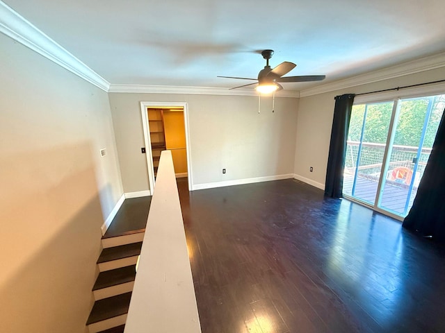 unfurnished room with crown molding, ceiling fan, and dark wood-type flooring