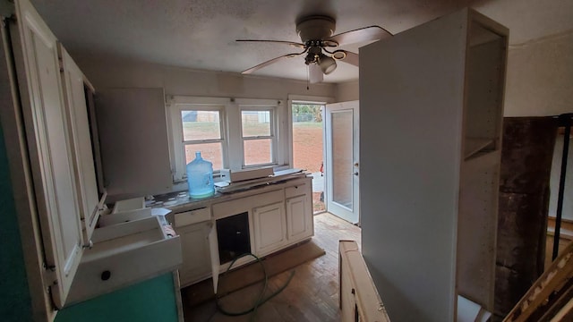 kitchen featuring ceiling fan, light hardwood / wood-style flooring, and white cabinets