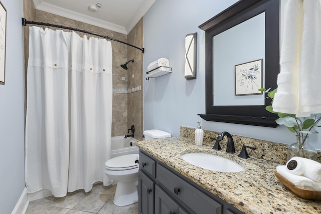 bathroom featuring tile patterned floors, toilet, crown molding, shower / bath combination with curtain, and vanity