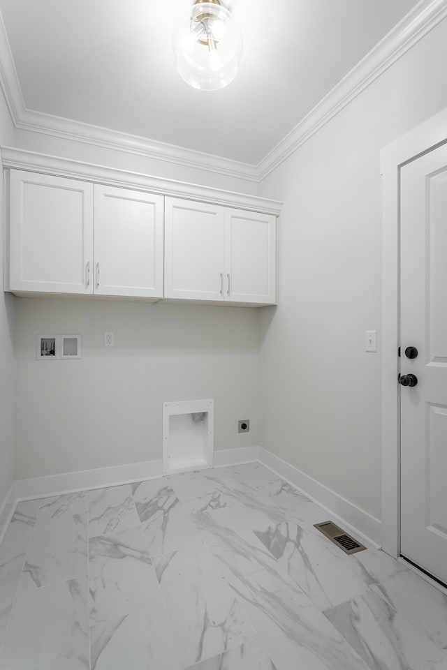 washroom featuring cabinets, ornamental molding, hookup for an electric dryer, and washer hookup