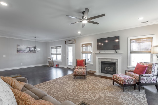 living room with crown molding, a high end fireplace, dark hardwood / wood-style floors, and ceiling fan with notable chandelier