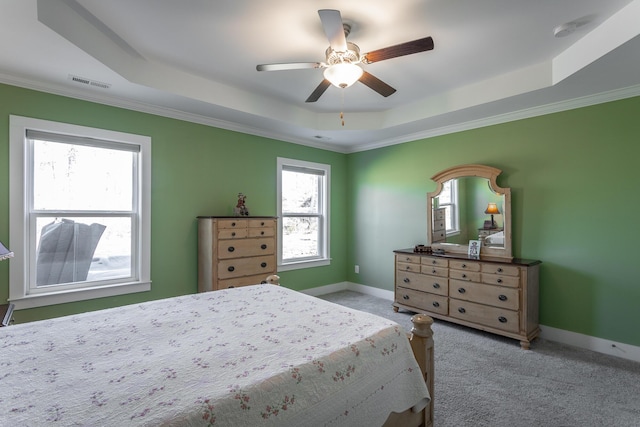 carpeted bedroom featuring a raised ceiling and ceiling fan